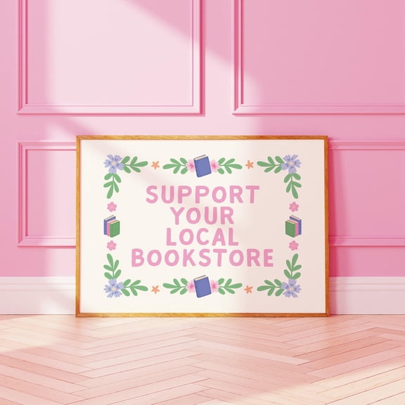 Support Your Local Bookstore Bookish Wall Art Cute Book Club Decor, Unframed Canvas 12x16in