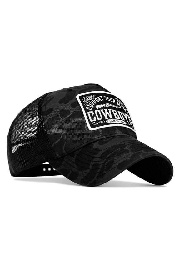 Support Your Local Cowboys Patch Snapback Hat Black Duck Camo