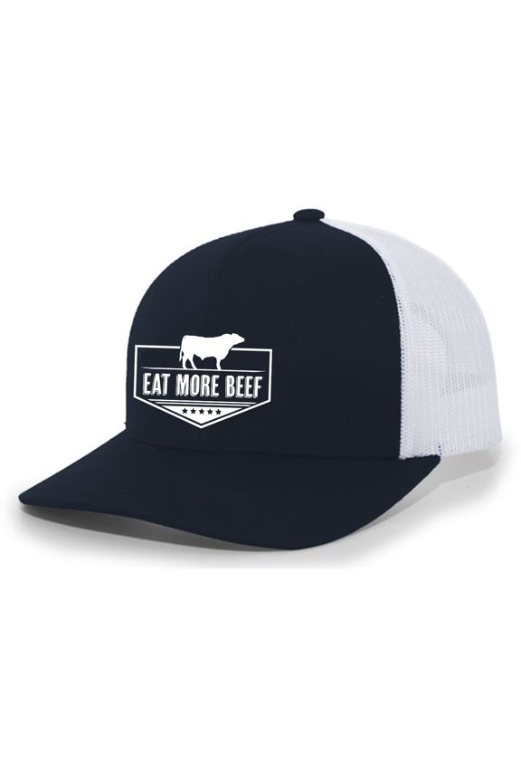 Support Your Local Farmers Eat More Beef Cattle Farm to Table Mens Embroidered Mesh Back Trucker Hat, Navy/White