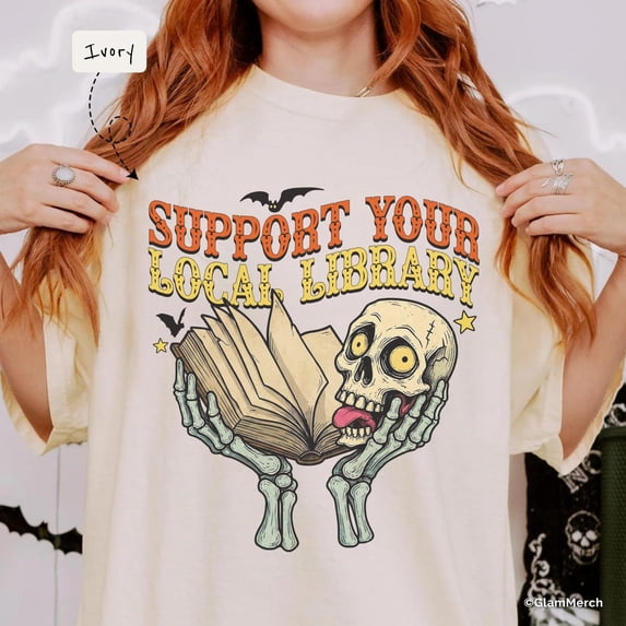 Support Your Local Library T-Shirt, Halloween Bookworm Reading Gift,Natural Color,Size 3XL