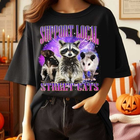Support Your Local Street Cats Graphic T-Shirt, Retro Unisex Adult T-Shirt, Vintage 80s Bootleg Raccoon Opossum Shirt, Nostalgia T-Shirt