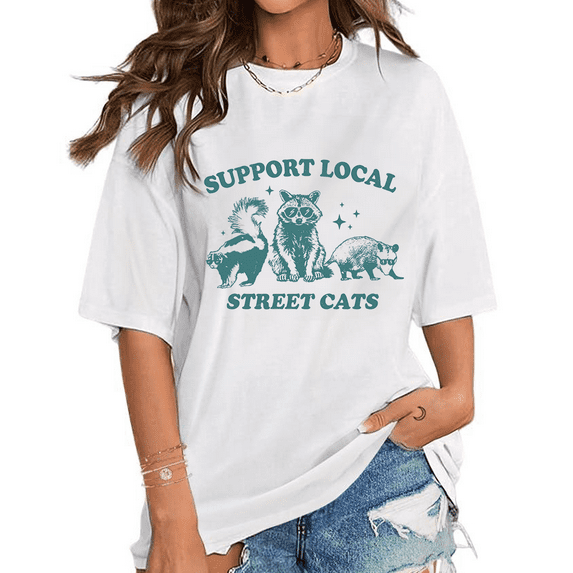 Support Your Local Street Cats Graphic T Shirt Retro Unisex Adult Tops Vintage Raccoon Relaxed Cotton Tees Short Sleeve Shirt White,3XL