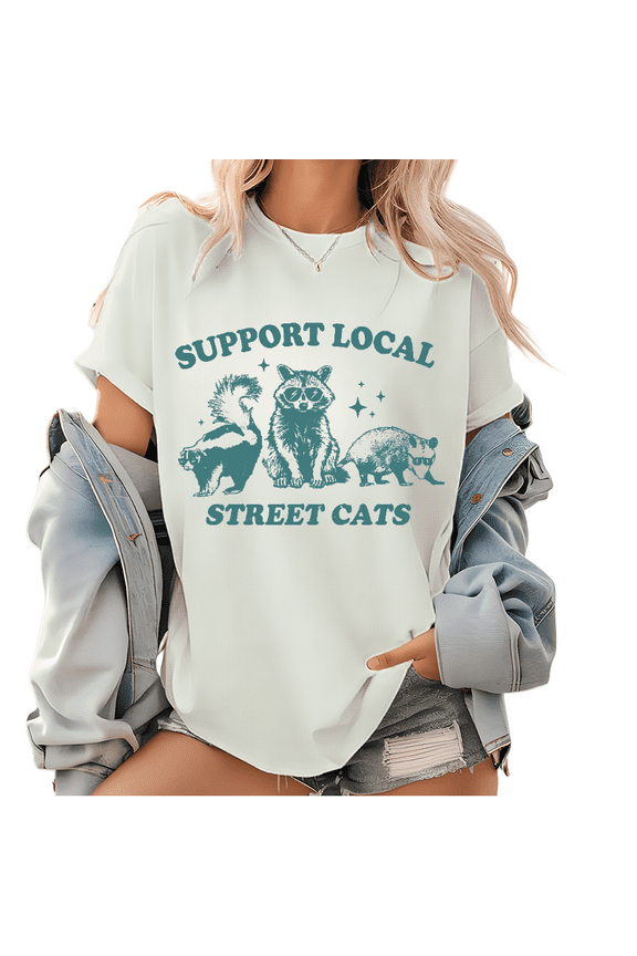 Support Your Local Street Cats Print T Shirt Unisex Vintage Raccoon Relaxed Graphic Tees Short Sleeve Shirt White,S