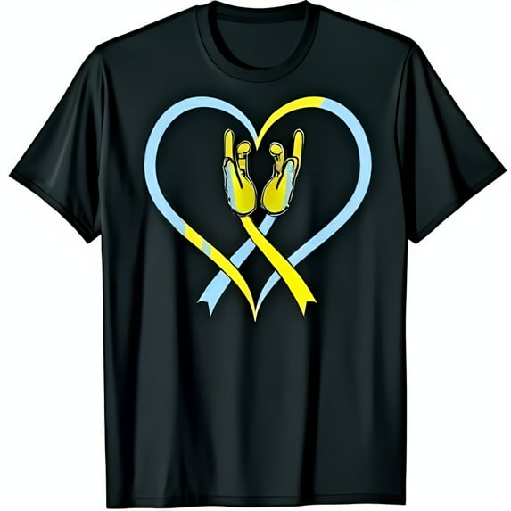 Support with Black T-Shirt Featuring Blue & Yellow Heart Graphic and ASL I Love You Hands