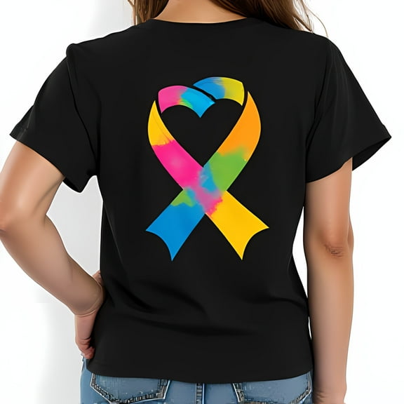 Supportive Black T-Shirt with Colorful Heart Ribbon Graphic for Awareness