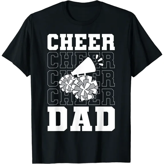 Supportive Black & White Megaphone Pom-Pom Cheer Dad T-Shirt Perfect for Game Day & Fan Events