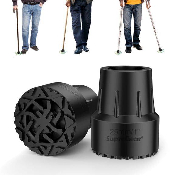 SupreGear 1 inch Cane Tips, 2-Pack Anti-Slip Rubber Caps with Metal Insert for Stability, Black