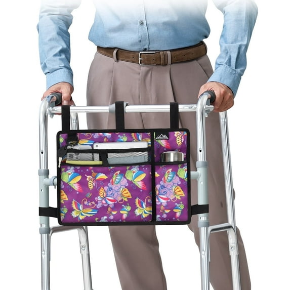 SupreGear Rollator Walker Bag with Cup Holder, Folding Basket, Water-Resistant Nylon Pouch, Purple Butterfly