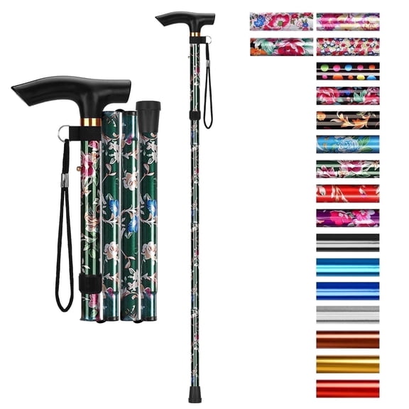 SupreGear Folding Walking Cane with T-Handle, Lightweight Adjustable Mobility Stick, 5 Height Settings,Green Floral