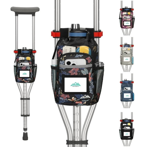 SupreGear Crutch Pouch, Water-Resistant Mobility Bag with Cup Holder, Multiple Pockets & Reflective Strips, Black Floral