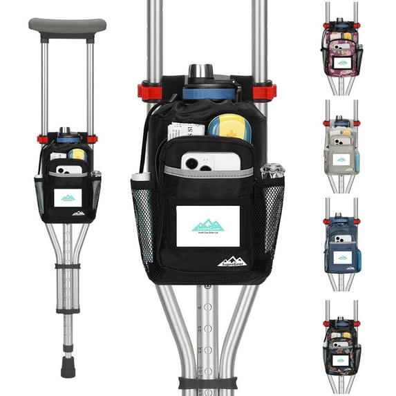 SupreGear Crutch Pouch, Water-Resistant Mobility Bag with Cup Holder, Multiple Pockets & Reflective Strips, Black