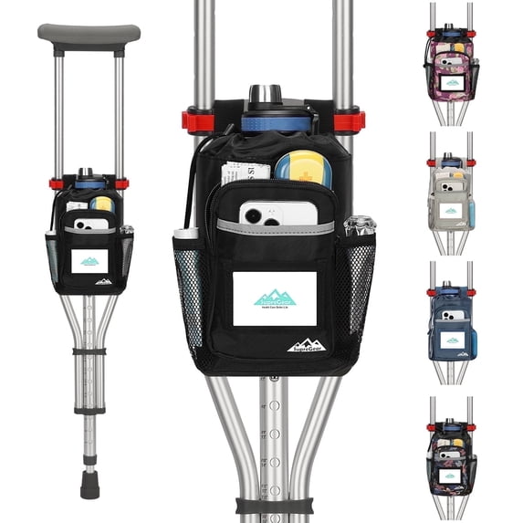 SupreGear Crutch Pouch, Water-Resistant Zippered Bag with Cup Holder and Multiple Pockets, Black, 1 Pack