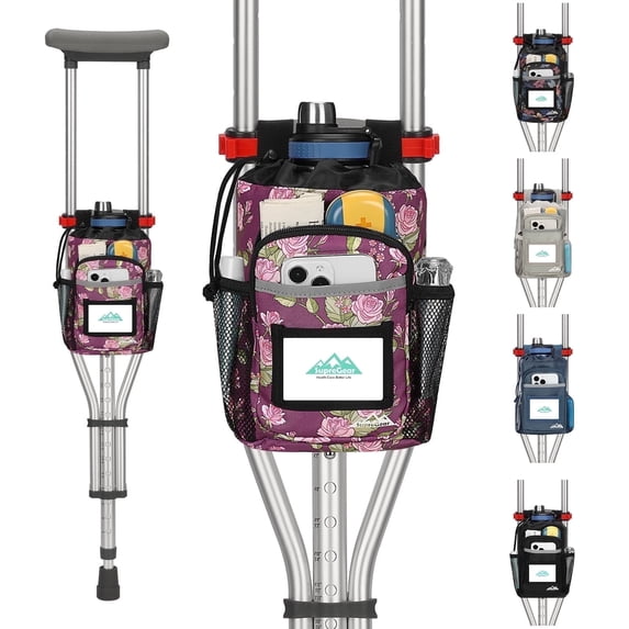 SupreGear Crutch Pouch, Water-Resistant Zippered Bag with Cup Holder and Multiple Pockets, Purple Floral, 1 Pack