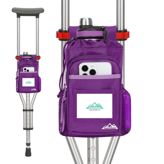 SupreGear Crutch Pouch, Water-Resistant Mobility Bag with Cup Holder, Multiple Pockets & Reflective Strips, Purple