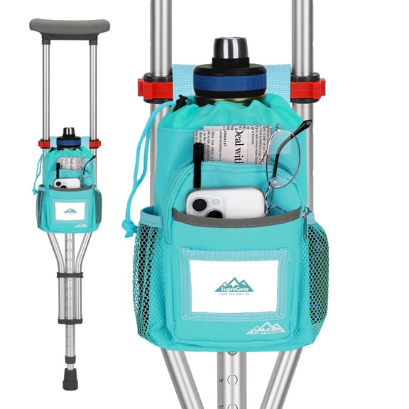 SupreGear Crutch Pouch, Water-Resistant Zippered Bag with Cup Holder and Multiple Pockets, Cyan, 1 Pack