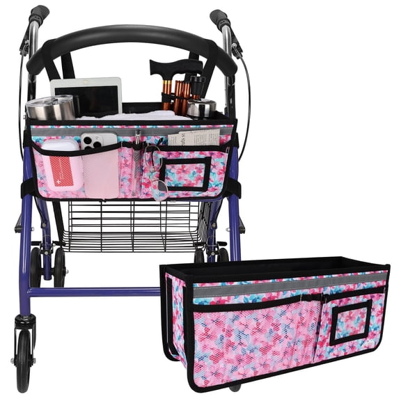 SupreGear Foldable Waterproof Walker Bag with Cup Holder, Floral Pink Rollator Storage Pouch