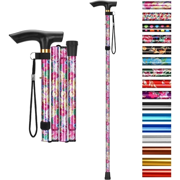 SupreGear Folding Walking Cane, Lightweight Adjustable T-Handle Mobility Stick, 5 Height Settings, Pink Foral