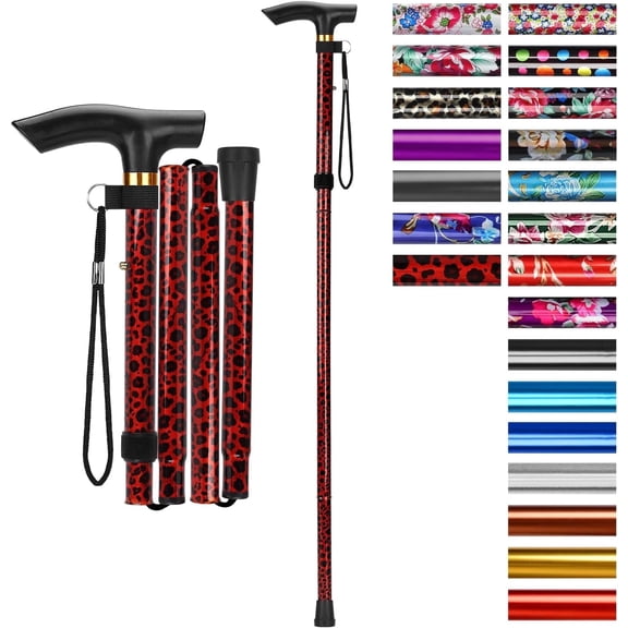 SupreGear Folding Walking Cane with T-Handle, Lightweight Adjustable Mobility Stick, 5 Height Settings, Leopard Red