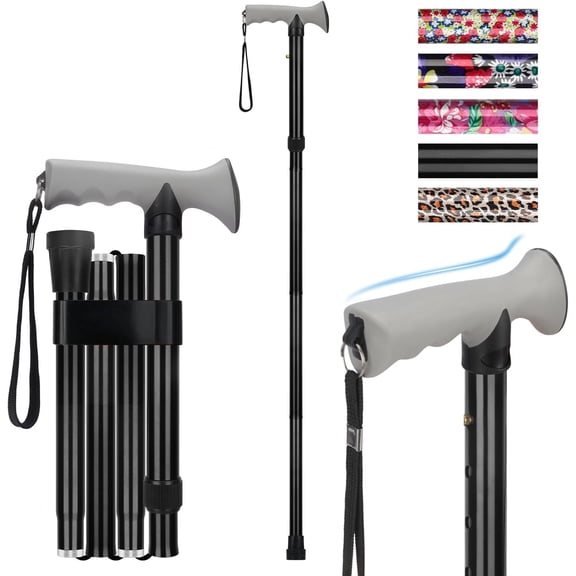 SupreGear Folding Aluminum Walking Cane with Soft T Handle, Adjustable Height Lightweight Mobility Aid with Rubber Tip for Seniors, Black