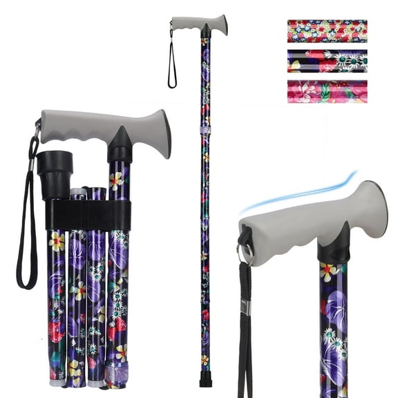 SupreGear Folding Cane, Lightweight Adjustable Walking Cane with Soft Handle, Travel Folding Support Stick for Seniors, Black Large Floral