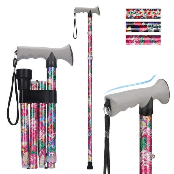 SupreGear Folding Cane, Lightweight Adjustable Walking Cane with Soft Handle, Travel Folding Support Stick for Seniors, Pink Floral
