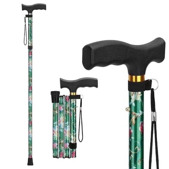 SupreGear Lightweight Folding Aluminum Walking Cane with Comfortable T-Handle for Adults and Seniors, Floral Green