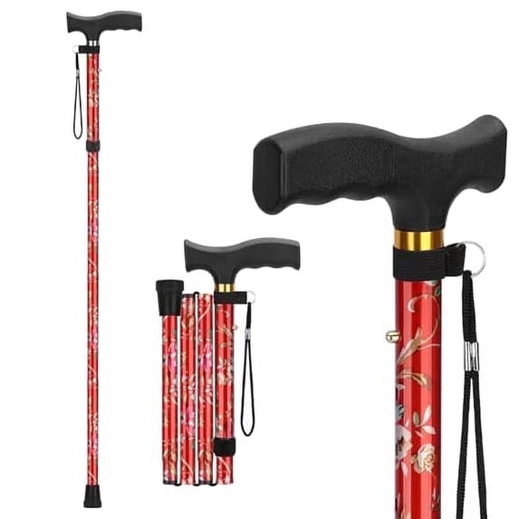 SupreGear Lightweight Folding Aluminum Walking Cane with Comfortable T-Handle for Adults and Seniors, Floral Red