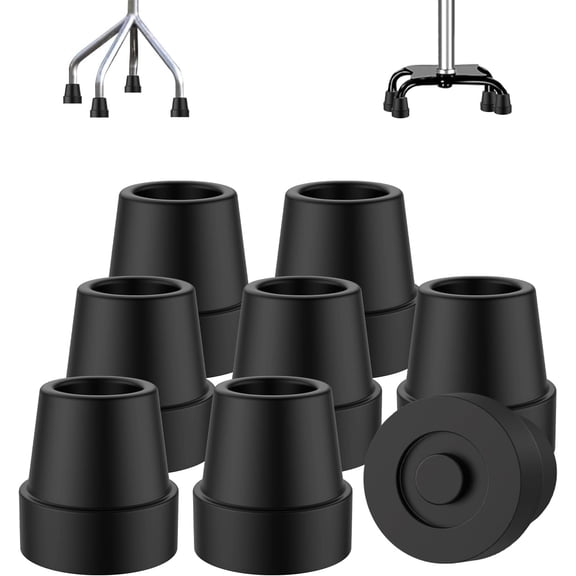 SupreGear Rubber Cane Tips, 8-Pack 1/2 inch Replacement Cane Feet, Non-Slip Grip Caps for Standard Folding Canes, Black