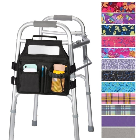 SupreGear Side Mount Walker Bag, Waterproof Folding Walker Organizer Pouch with Cup Holder, Double-Sided Storage, Black