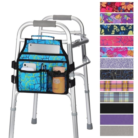 SupreGear Side Mount Walker Bag, Waterproof Folding Walker Organizer Pouch with Cup Holder, Double-Sided Storage, Blue