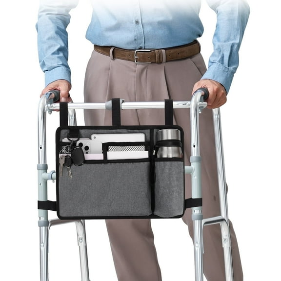 SupreGear Walker Bag, Water-Resistant Pouch with Cup Holder, Hand-Free Storage for Folding Rollators, Gray