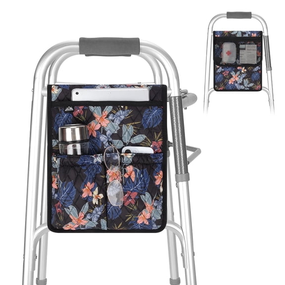SupreGear Walker Bag Caddy, Lightweight Universal Pouch with Multiple Pockets, Floral Black