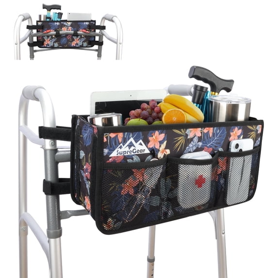 SupreGear Foldable Walker Basket Storage Bag with Large Pouch and Cup Holder, Floral Black