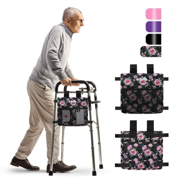 SupreGear Walker Side Bag, Water-Resistant Pouch, Hand-Free Storage for Folding Walkers, Seniors, Black Floral