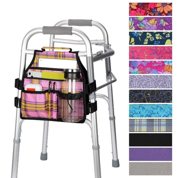 SupreGear Side Mount Walker Bag, Waterproof Folding Walker Organizer Pouch with Cup Holder, Double-Sided Storage, Plaid Pink