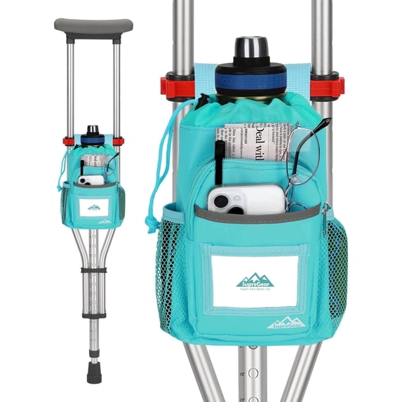 SupreGear Water-Resistant Mobility Crutch Bag, 1-Pack Organizer with Cup Holder and Multiple Pockets,Cyan
