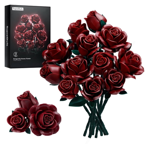 SupreOwls Burgundy Rose Building Block Set for Adults, Botanical Collection Construction Toy, DIY Floral Display Model, Gift for Valentine's Day, 496 Pieces