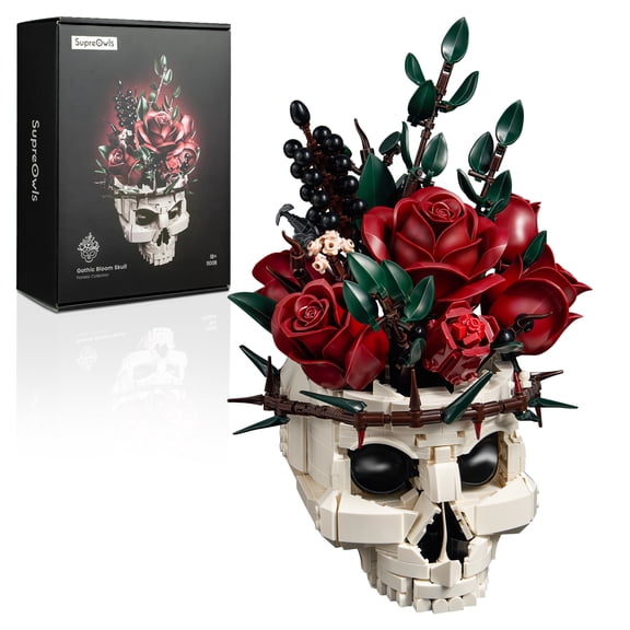 SupreOwls Gothic Skull Rose Building Block Set for Adults, 1079 Pieces,Skull Planter Pot Model, DIY Gothic Building Kit for Halloween