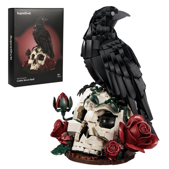 SupreOwls Raven Skull Building Block Set for Adults, Gothic Raven Model with Roses, DIY Construction Kit, ABS Plastic, 1451 Pieces