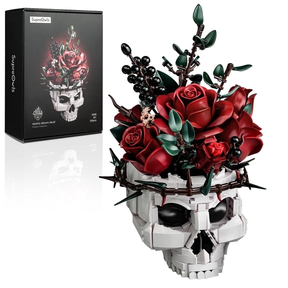SupreOwls Skull Planter Pot Compatible with Lego Gothic Flower Pots Building Block Set Halloween Skeleton Christmas Decor for Home Office Desktop