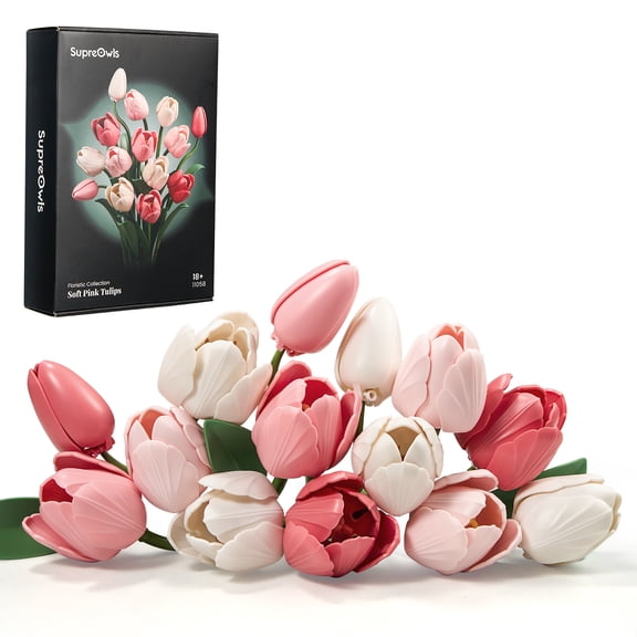 SupreOwls Soft Pink Tulip Building Block Set for Adults, DIY Flower Bouquet Kit, ABS Botanical Model, Romantic Gift for Mother's Day Wedding