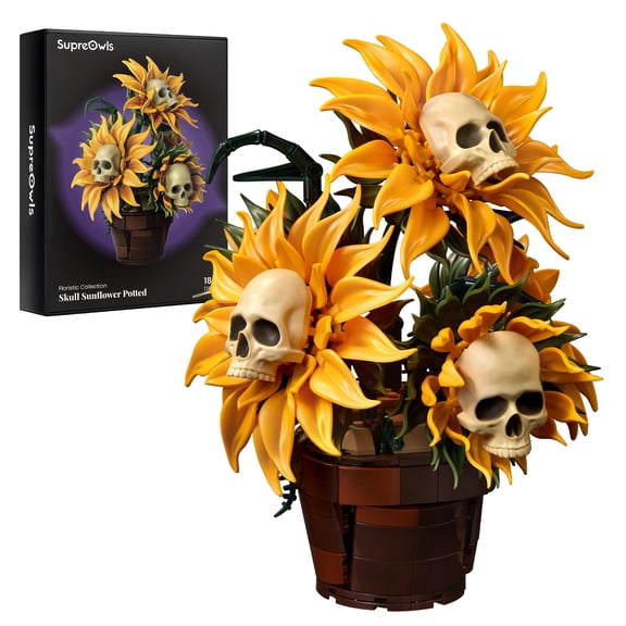 SupreOwls Sunflower Skull Building Block Set for Adults, Gothic Flower Pot Model, DIY Construction Kit, ABS Plastic Collectible Decor, 618 Pieces