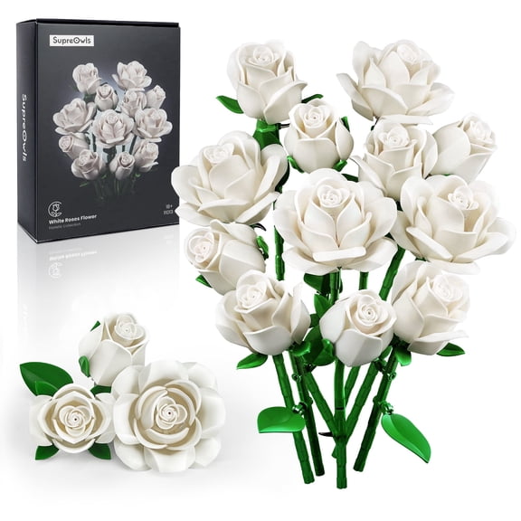 SupreOwls White Rose Flower Building Set, DIY Botanical Building Blocks Kit for Adults, Abs Plastic 12 Flower Bouquet Model, Holidays Gift