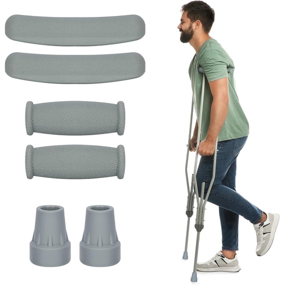 SupreGear Ergonomic Crutch Replacement Pads and Rubber Tips, Anti-Slip Comfort, Grey, 6 Pack