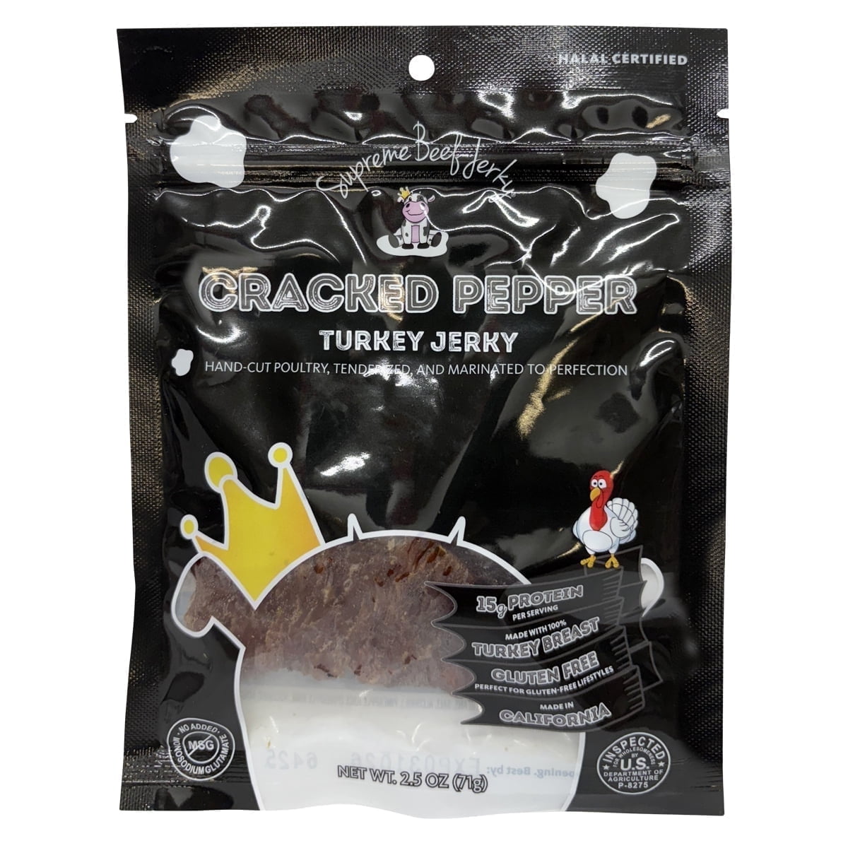 Supreme Beef Jerky, Halal Turkey Jerky, Zabiha Halal Certified Jerky, Gluten Free, Handcrafted Gourmet Meat Snacks, 2.5 OZ Cracked Pepper Turkey, 2.5 Ounce, Pack of 1