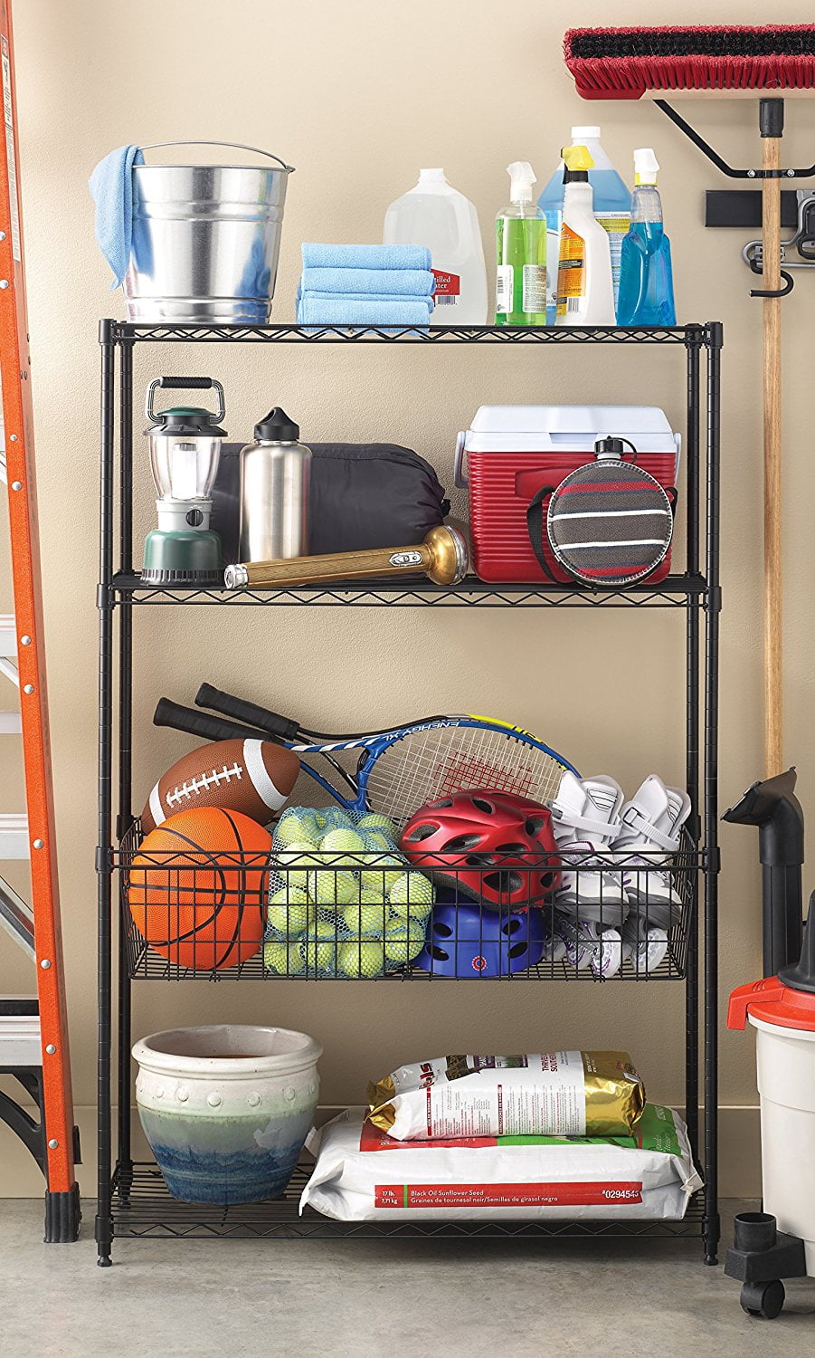 Black Steel 4-Tier Storage Shelving Unit with Basket
