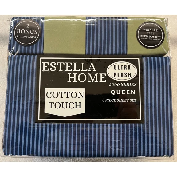 Supreme Collection 1200 Extra Deep 6 Piece Queen Size Sheet Set, Blue Stripes with Green