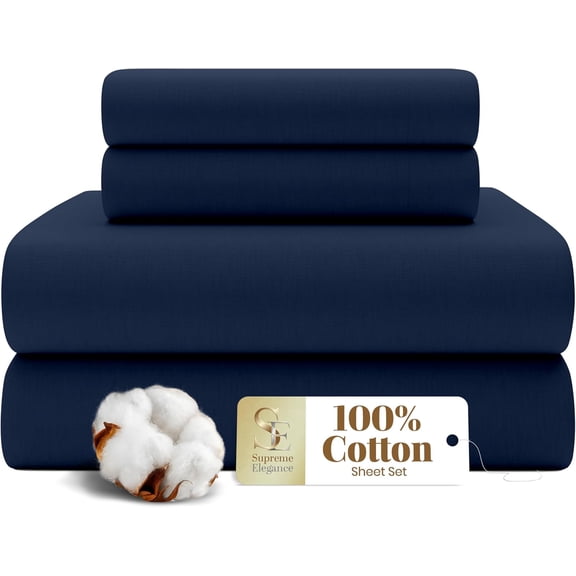 Supreme Elegance 4-Piece 100% Cotton Full Size Sheet Set, Cooling Percale Weave, Dark Blue