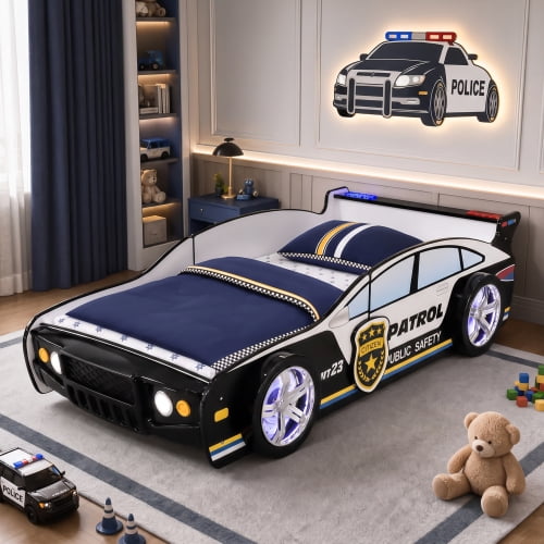 Supreme Energy Twin Size Kids Racing Car Bed with LED Wheel Lights and Headlight Accents, Floor Bed Frame with Full-Length Guardrail and Wood Slats