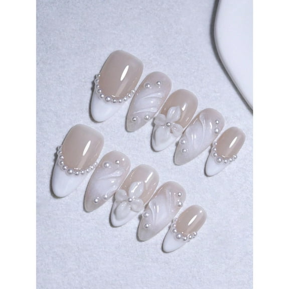 3D Flower And Water Ripple Nail Decoration White Nude Color French Manual Nails 100% Handmade